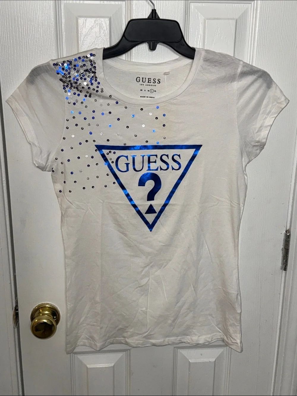 Guess White Tee with Blue Metallic Logo and Blue Rhinestone Accent
